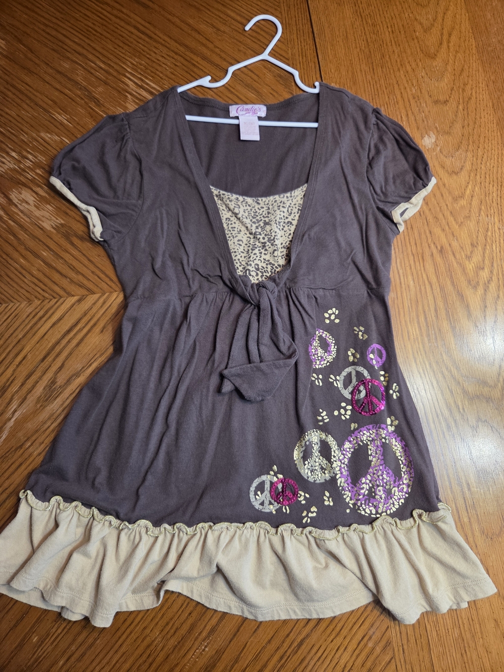 Candie's Brown Short Sleeve Tie-Front Tunic with Cream Ruffle and Pink Graphic
